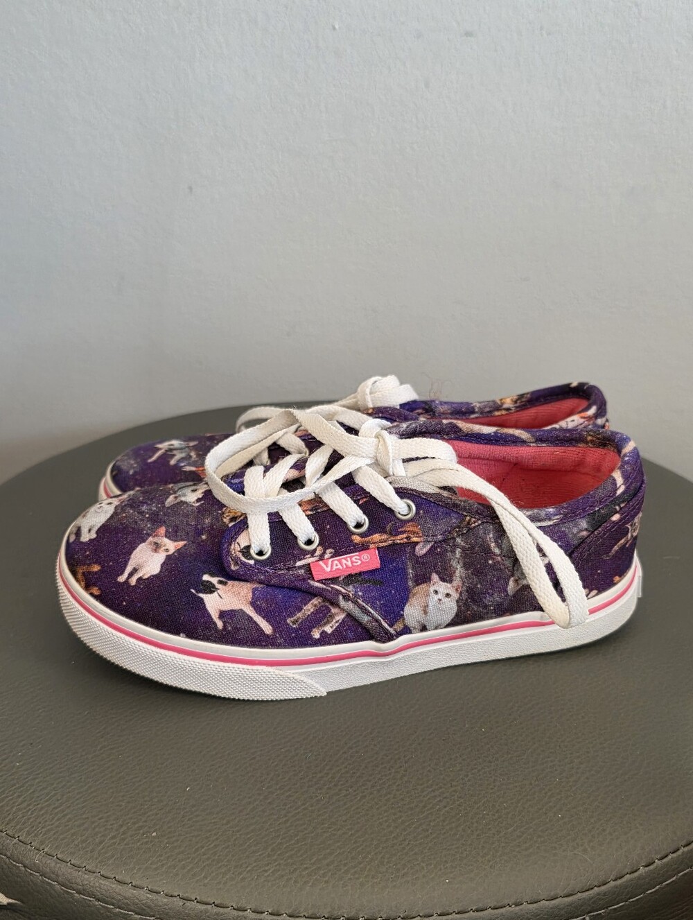 Vans Kids Cat Print Canvas Sneakers Purple Pink Lace Up Shoes Youth Size 12 Cute
